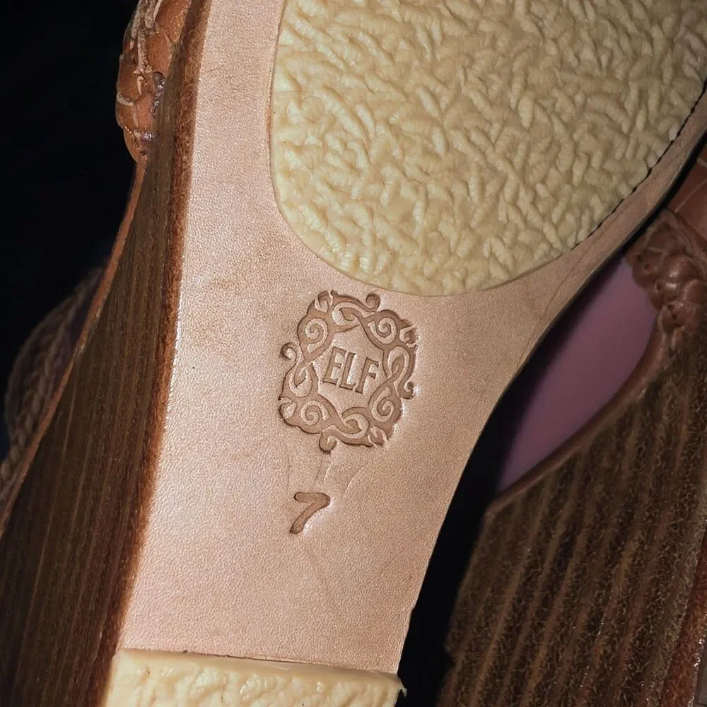 ELF ATHENA Sz 7 NWOT Hand Made Tan Basket Weave Leather Open Toe Wedge Sandals